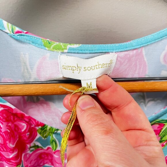 Simply Southern‎ Womens Floral Print Dress Medium Aqua & Pink Rose Pattern - Picture 6 of 8